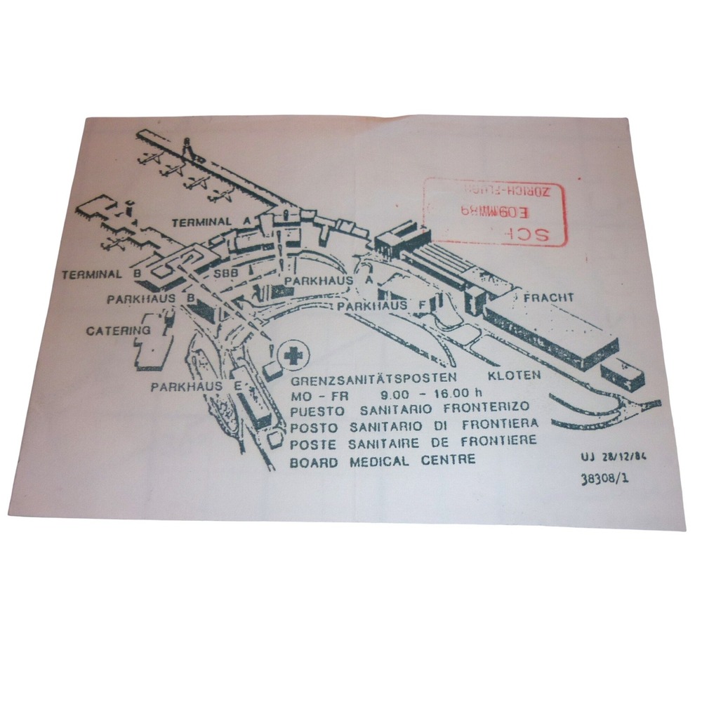Vintage 1989 Zurich Airport Kloten Map Medical Center Stamp Paper Ephemera